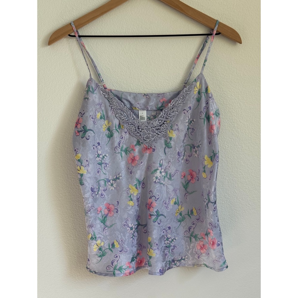 Delicates Silk Cami Top 7 Lavender Floral Lace Trim Vintage Y2K Boho Chic Luxury